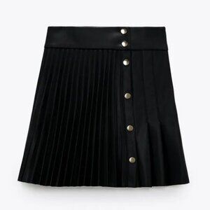 Zara Gold Button Black Pleated Faux-Leather Mini Skirt